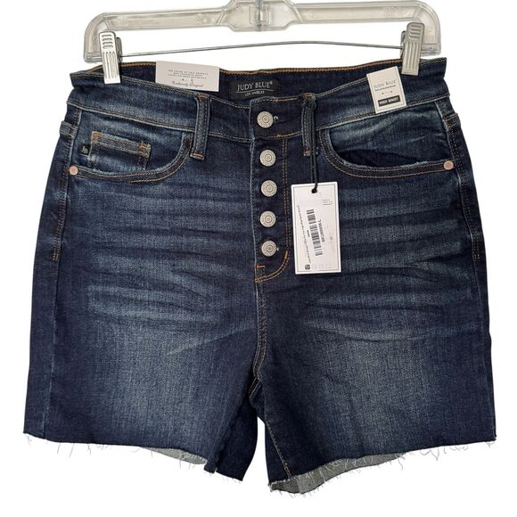Judy Blue Jean Shorts Size L High Waist Cut Offs Raw Hem Button Fly JB15269 - Picture 2 of 16